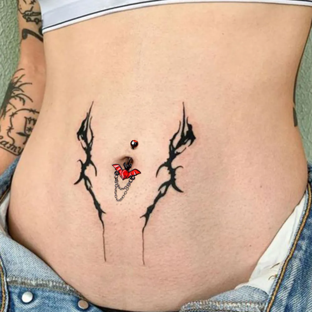 14G Red CZ Black Bat Chain Belly Button Ring