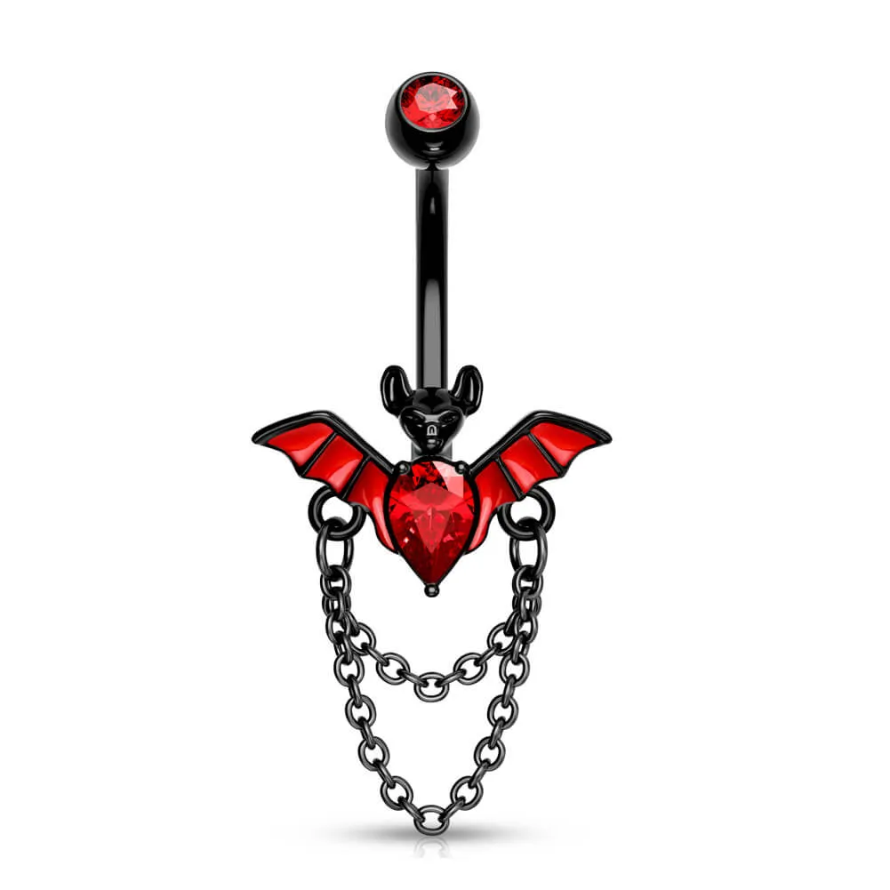 14G Red CZ Black Bat Chain Belly Button Ring