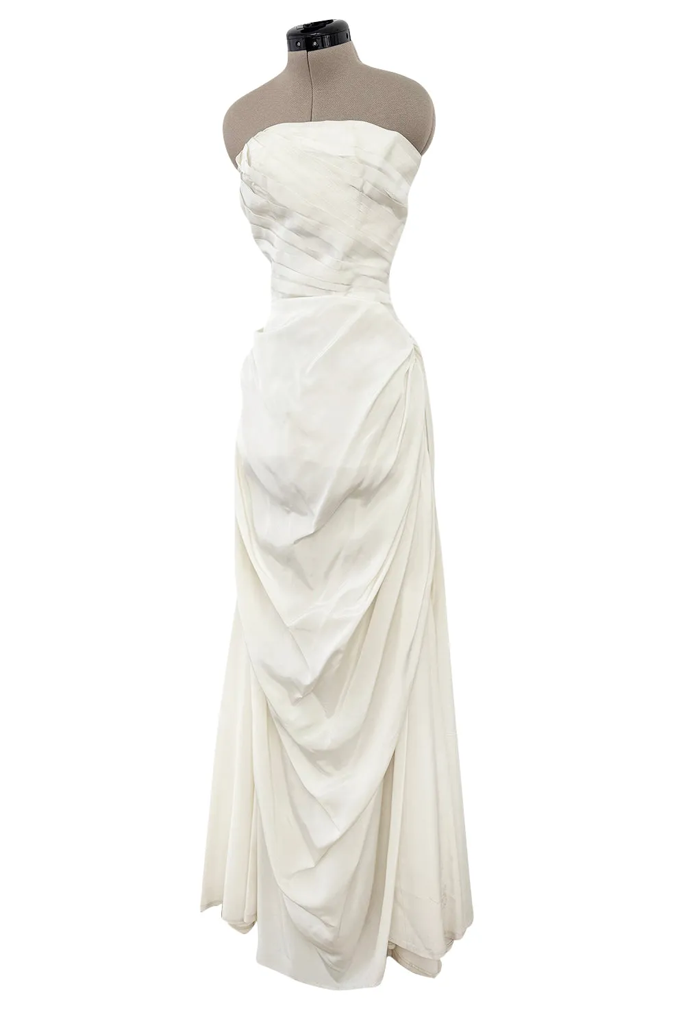 1950s Fred Perlberg Strapless Ivory Dress w Gathered Skirt & Muslin Net Underskirts