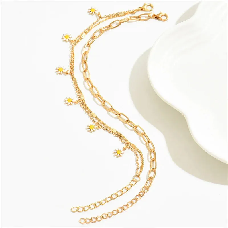 3pcs/set Small Daisy Flower Multilayer Chain Anklets