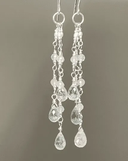 Aquamarine Gem Dangle Earrings, Sterling Silver, Long Tassel Style