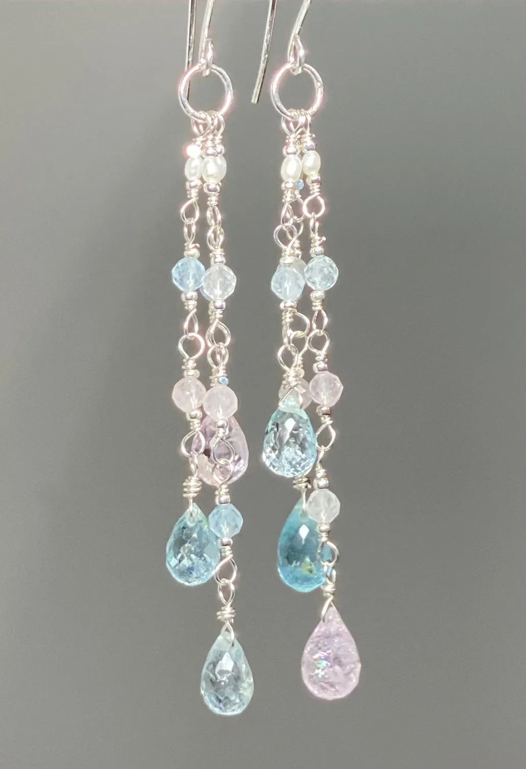 Aquamarine Gem Dangle Earrings, Sterling Silver, Long Tassel Style