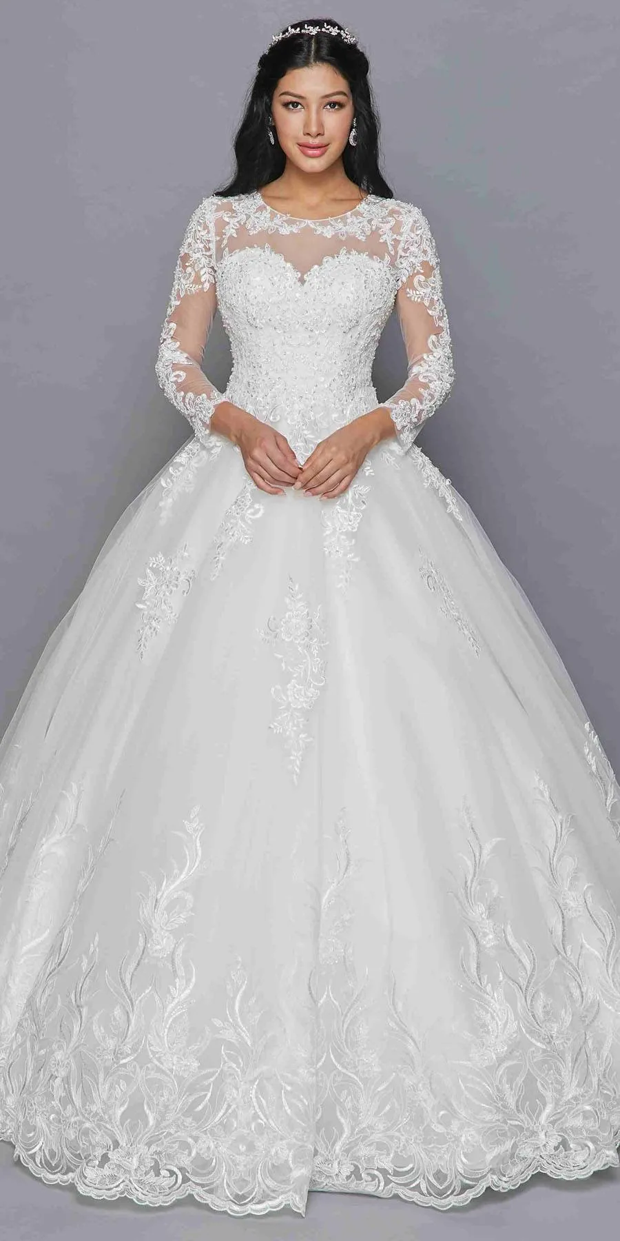 DeKlaire Bridal 422 Mid-Length Sleeve A-Line Wedding Gown Illusion Boat Neckline