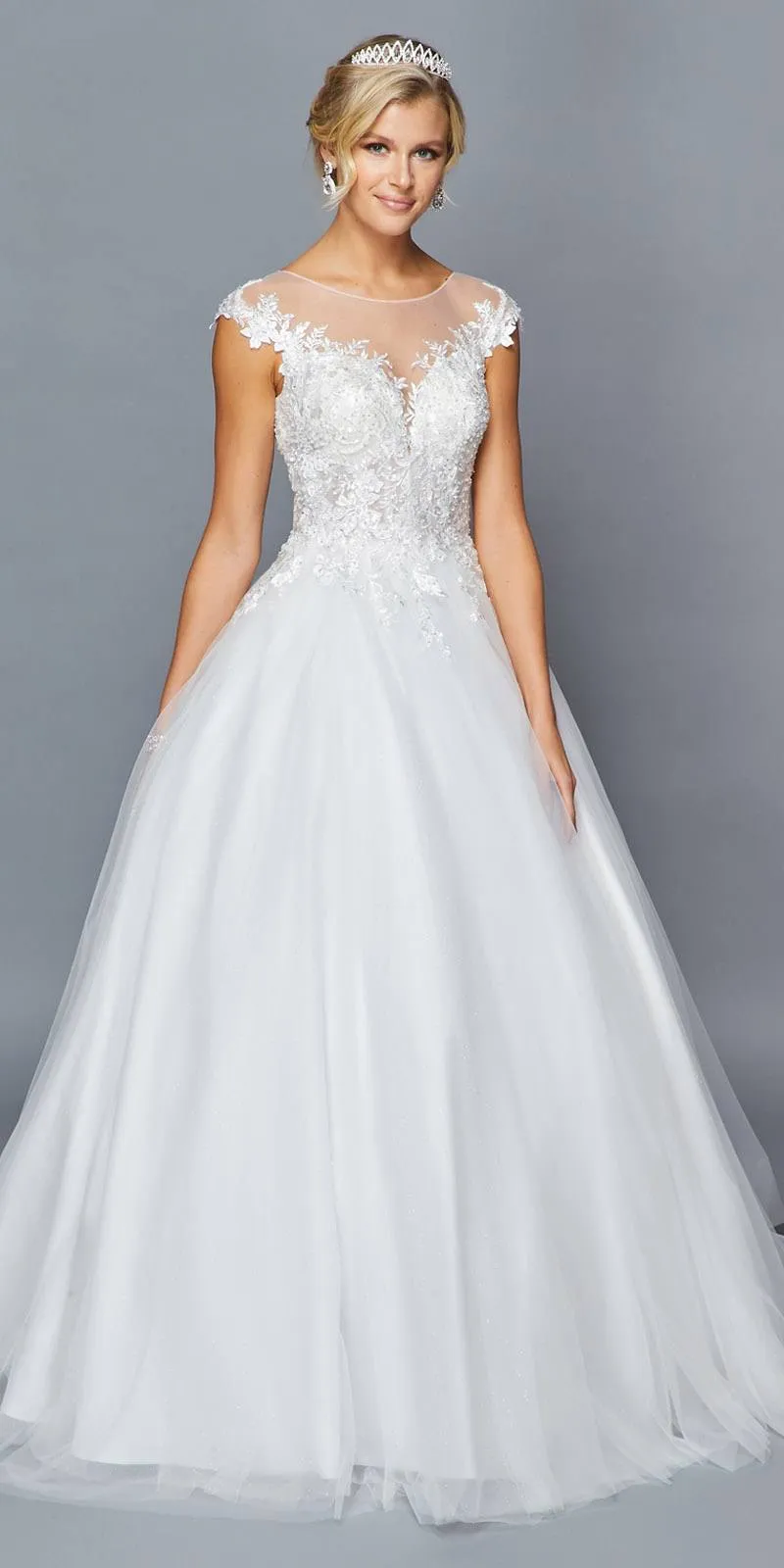 DeKlaire Bridal 425 Illusion Boat Neckline Cap Sleeve A-Line Court Train Wedding Dress