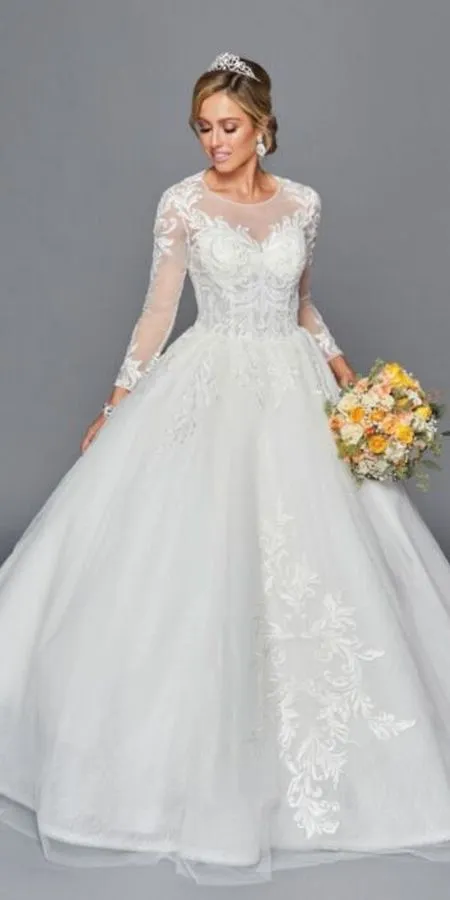 DeKlaire Bridal 443 Long Sleeve A-Line Wedding Gown Boat Neckline Beaded Lace