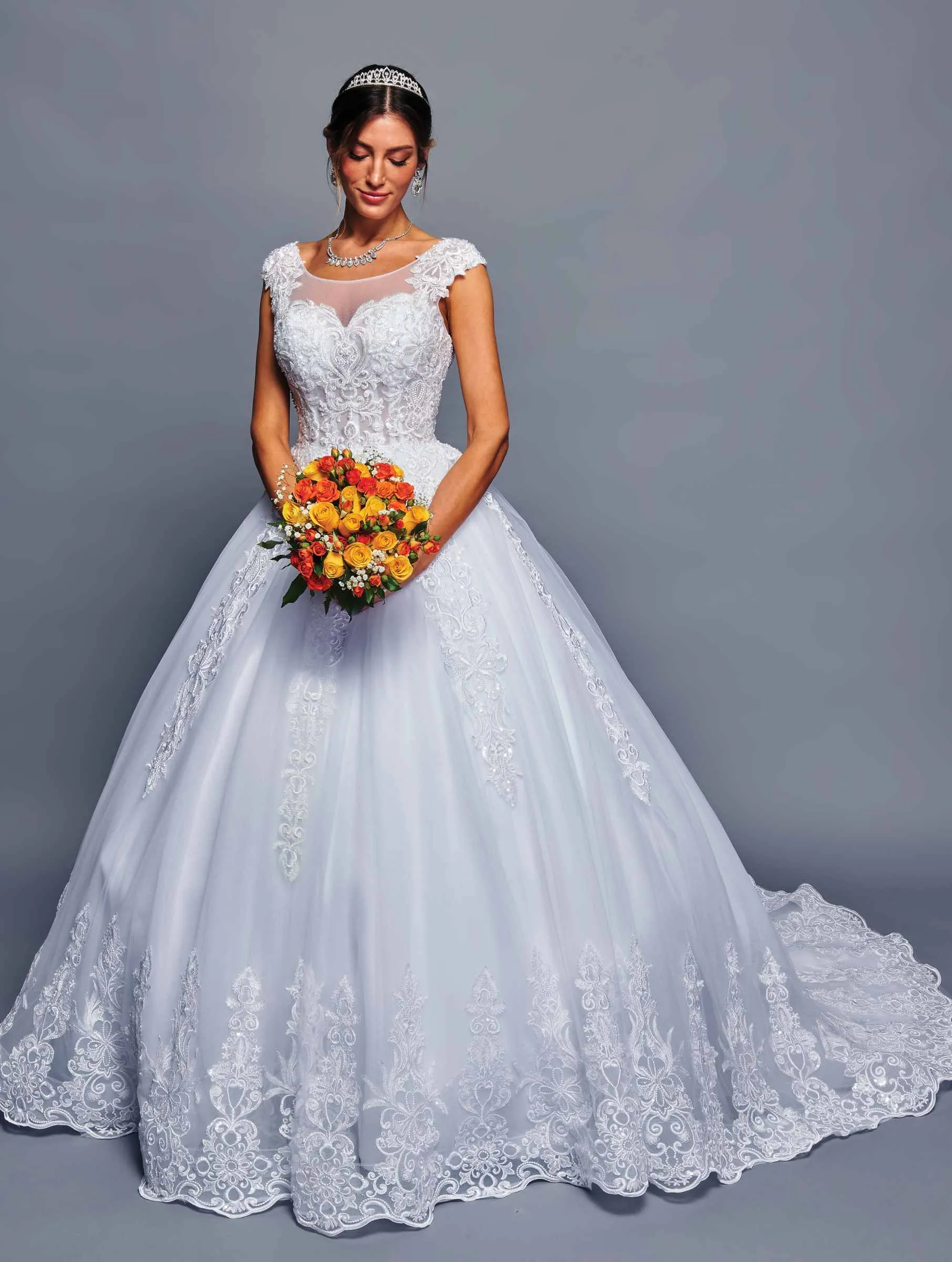 DeKlaire Bridal 481 Illusion Boat Neck Sheer Long Sleeve Wedding Ball Gown