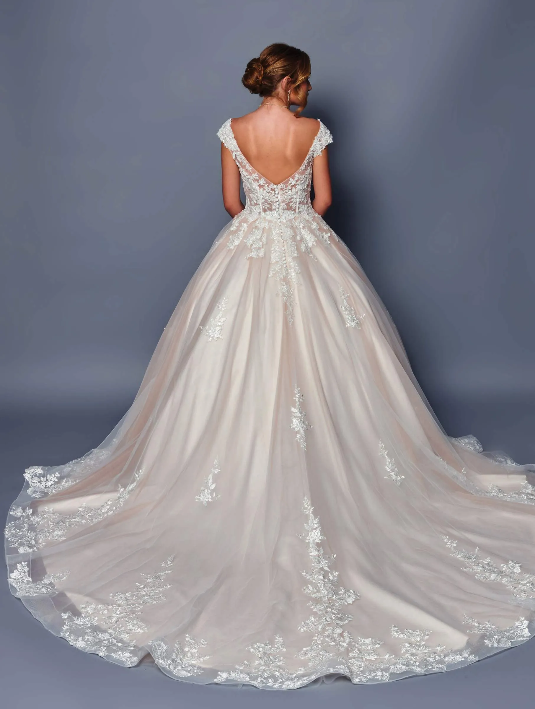 DeKlaire Bridal 490 Wedding Dress A-Line Cap Sleeve Chapel Train