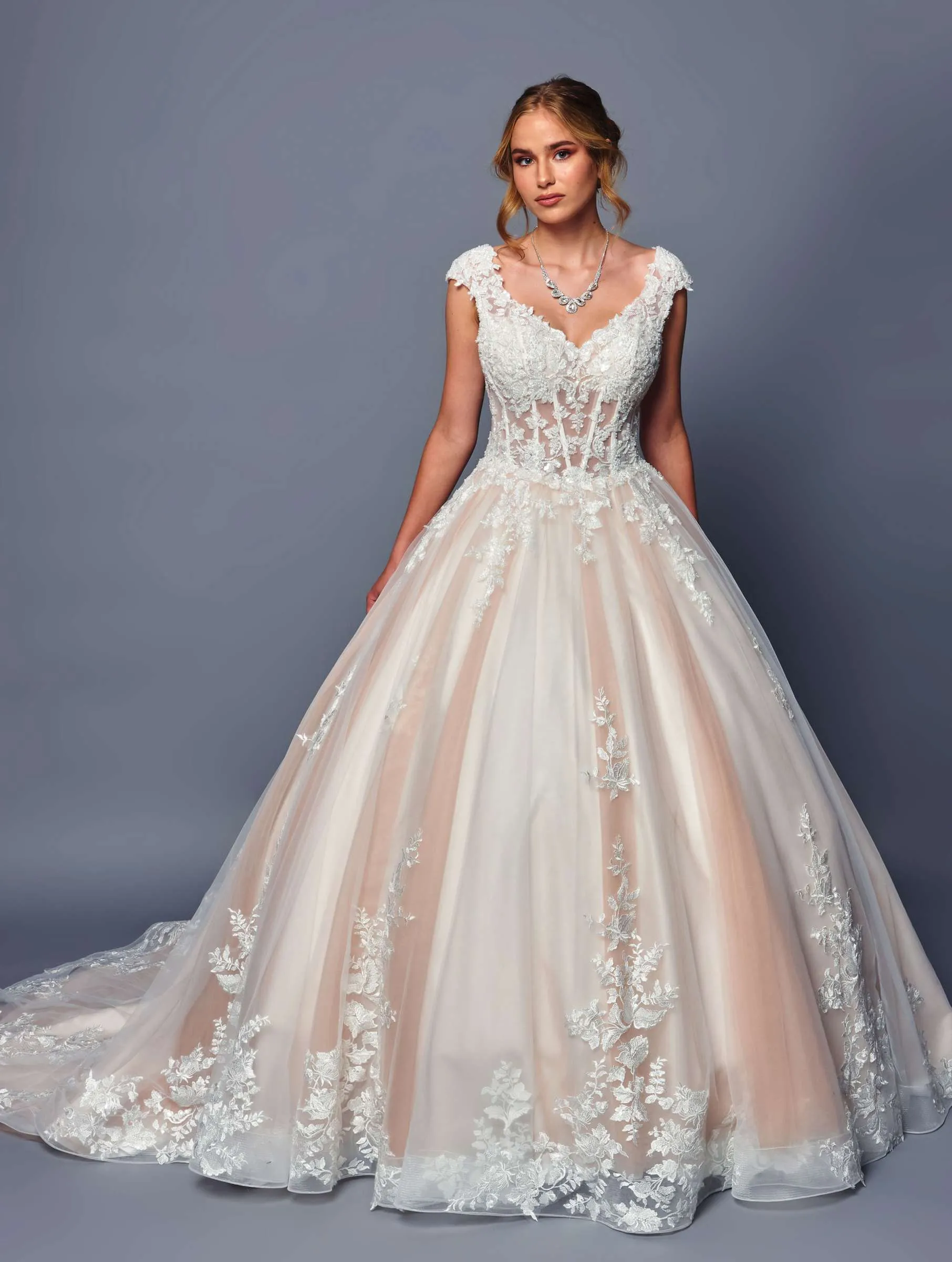 DeKlaire Bridal 490 Wedding Dress A-Line Cap Sleeve Chapel Train