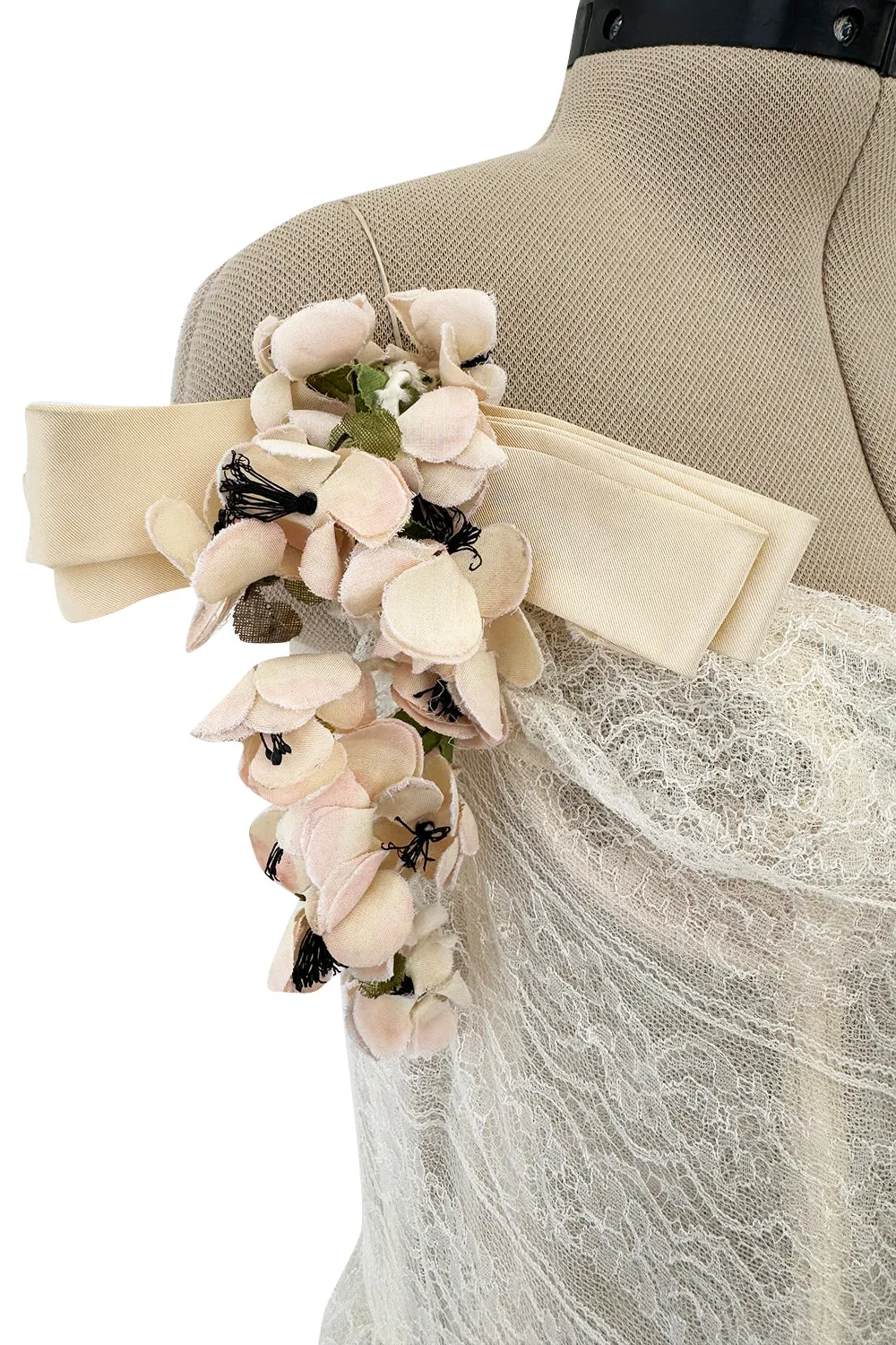 Fall 2008 Roberto Cavalli Runway Look 38 Lace Cream Dress w Floral Shoulder Detail