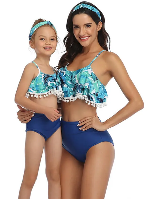 Pom-Pom Tiered Ruffle Mom And Me Bikinis