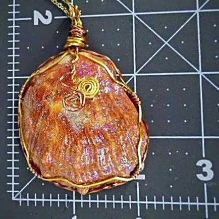Shimmering Orange Oyster Shell Handmade Pendant, Copper & Gold Wire Wrap, Swirl Design, Gold Tone Necklace - Beach Boho