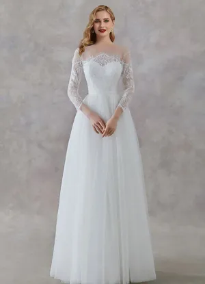 White Lace Long-sleeved A-line Dress Button Simple Slim Wedding Dress